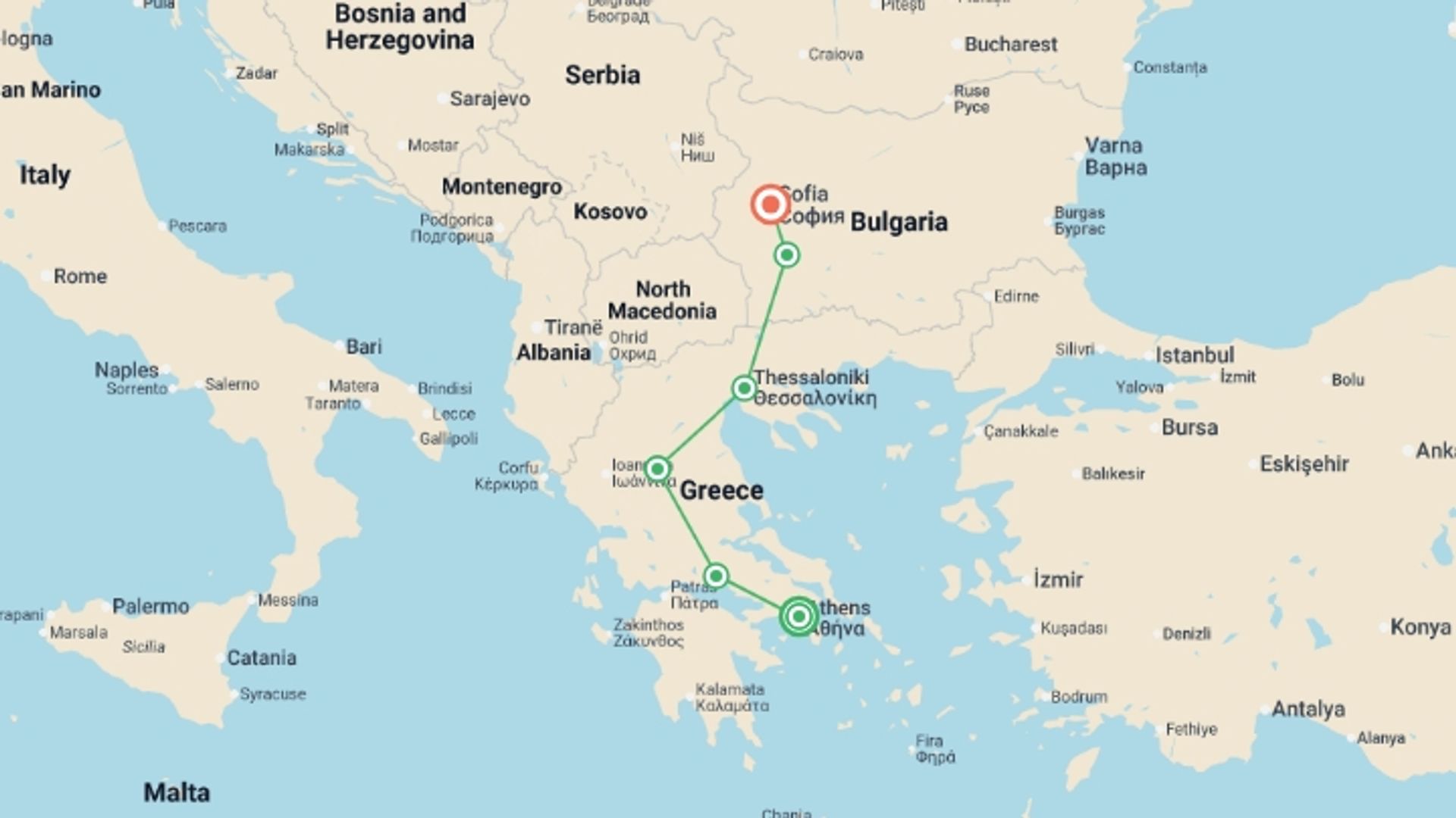 A map showing the tour itinerary for the trip: Athens to Sofia - 7 days, starting in Athens, Greece and ending in Sofia, Bulgaria going through 2 other destinations.