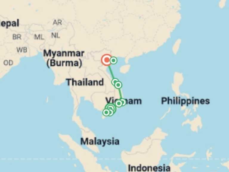Map itinerary of Hanoi Tour in September 2026 with 8 destination visits for the trip: Vietnam Explorer 15D/14N (from Ho Chi Minh City)