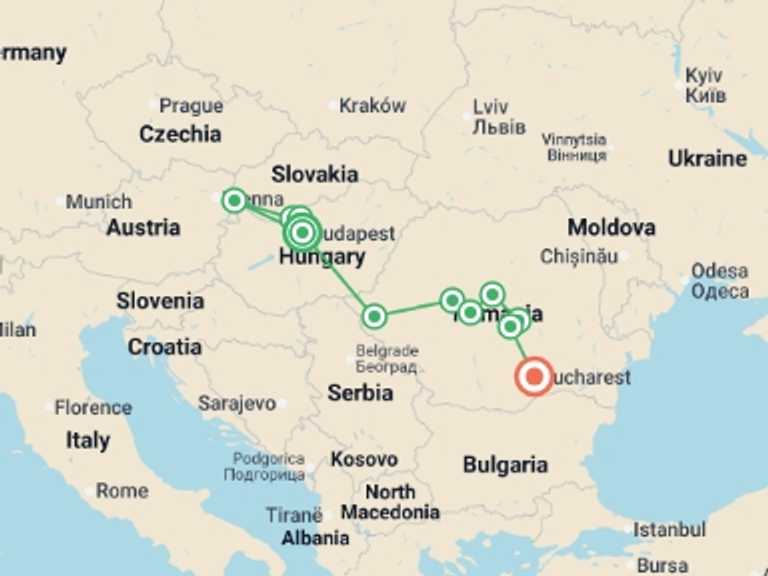 Map of Europe Tour with 7 destination visits for the trip: From the Danube to the Carpathians: A journey into the heart of legendary Europe (port-to-port cruise)