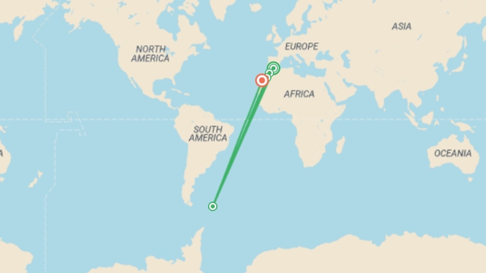 A map showing the tour itinerary for the trip: Splendors of Moorish Art - The Imperial Cities of Morocco (port-to-port package), starting in Malaga, Spain and ending in Arrecife, Spain going through 3 other destinations.