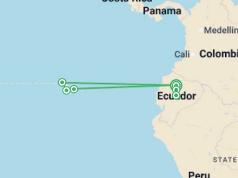Map of South America Tour with 6 destination visits for the trip: Mainland Ecuador and Galapagos Cruise