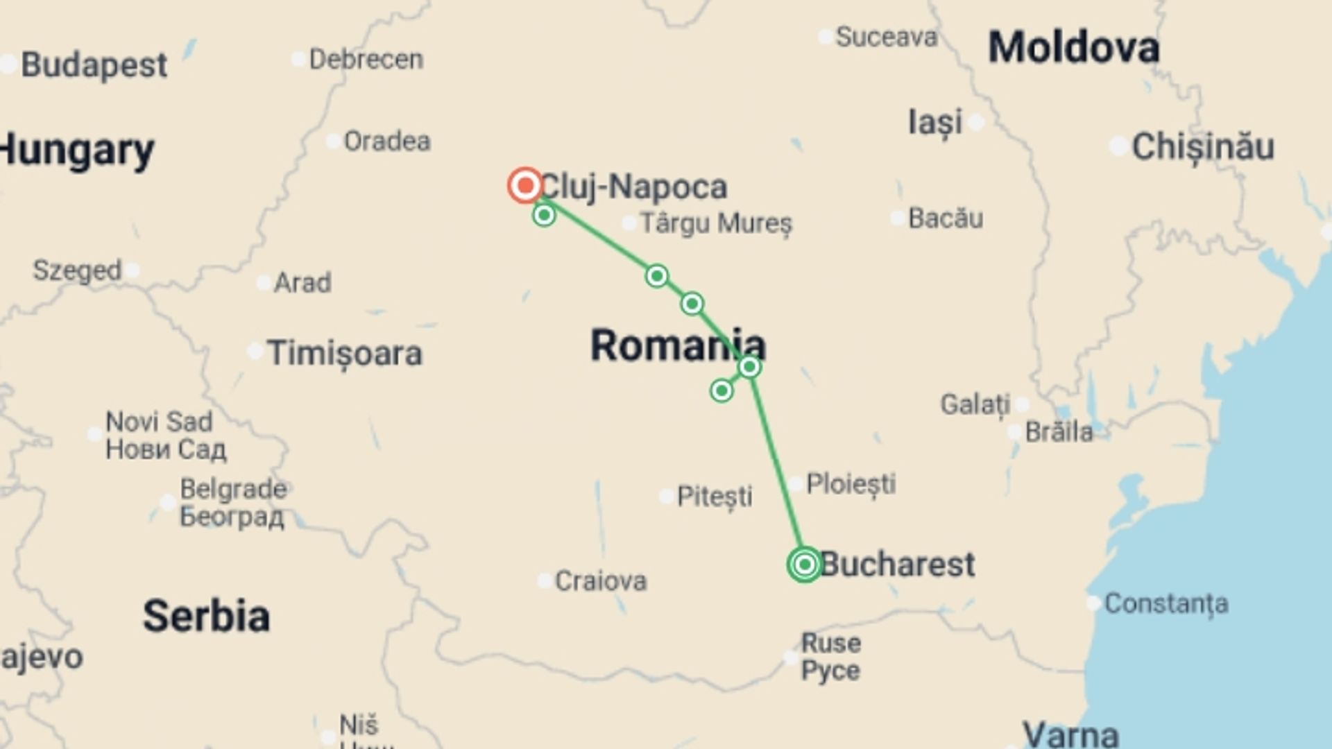 A map showing the tour itinerary for the trip: Halloween in Transylvania (Northbound), starting in Bucharest, Romania and ending in Cluj-napoca, Romania going through 3 other destinations.