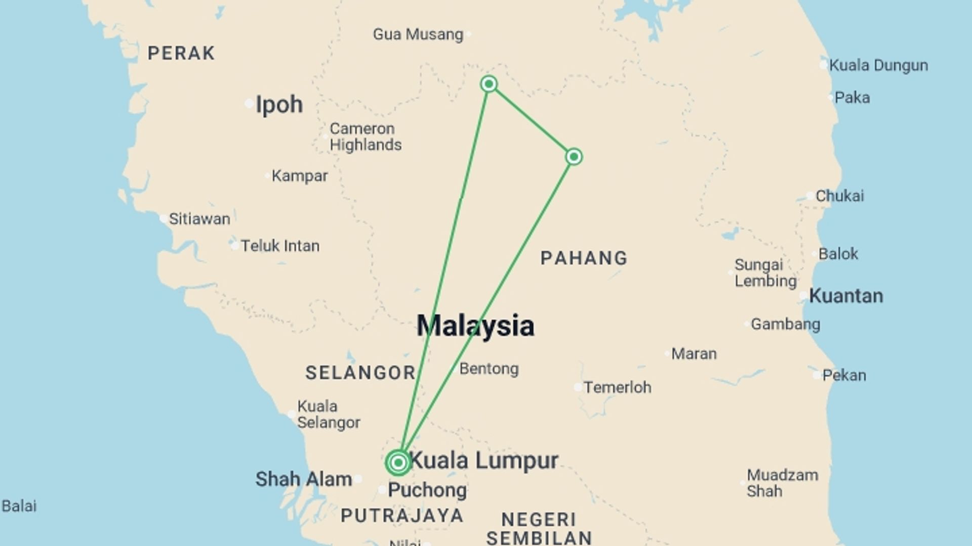 A map showing the tour itinerary for the trip: Wild Taman Negara Express - 3 days, starting in Kuala Lumpur, Malaysia and ending in Kuala Lumpur, Malaysia going through 2 other destinations.