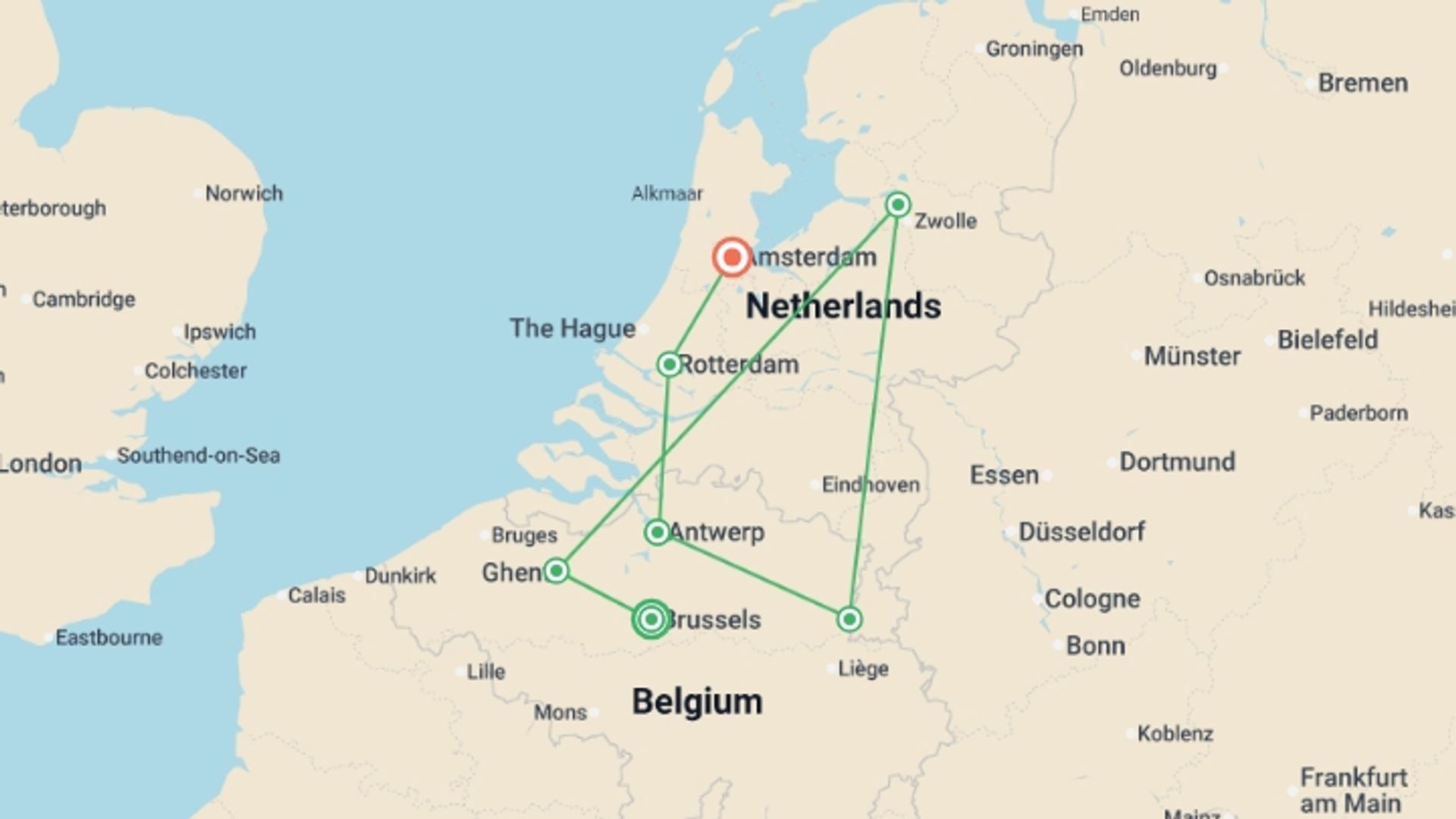 A map showing the tour itinerary for the trip: Dutch & Belgian Holiday Celebration (2026), starting in Brussels, Belgium and ending in Amsterdam, Holland going through 5 other destinations.