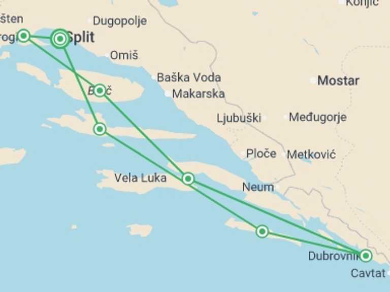 Map of Split Active and outdoor Tour with 7 destination visits for the trip: Dalmatian Highlights Split And Dubrovnik Region Cruise (superior Boat Category)