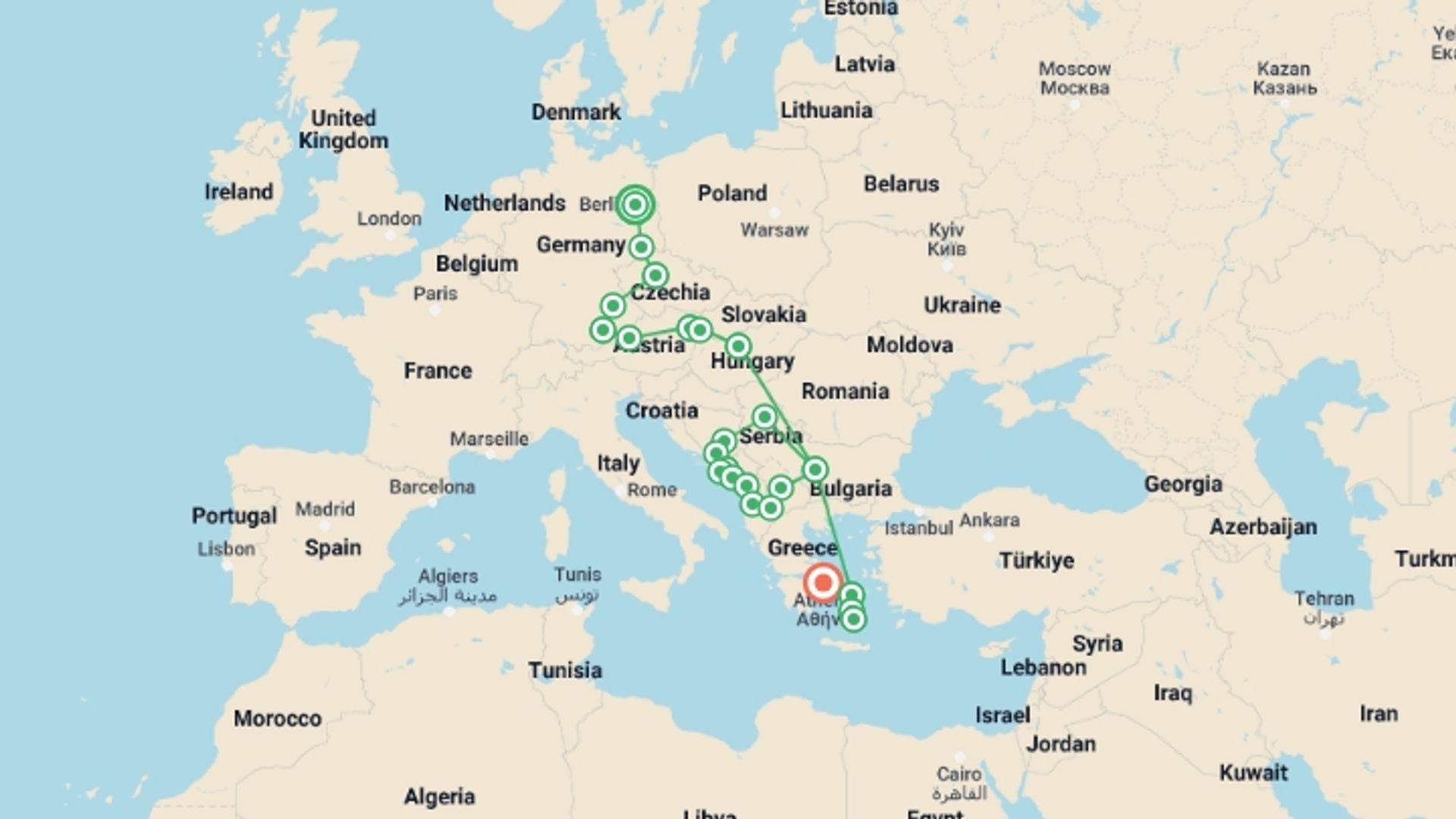 A map showing the tour itinerary for the trip: Splendours of Central Europe, Balkans and Greece, starting in Berlin, Germany and ending in Athens, Greece going through 14 other destinations.