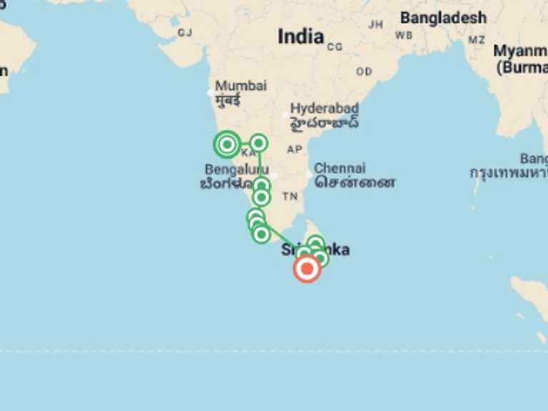 Map of Ella Tour with 15 destination visits for the trip: India to Sri Lanka: Spice Gardens & Goa's Beaches