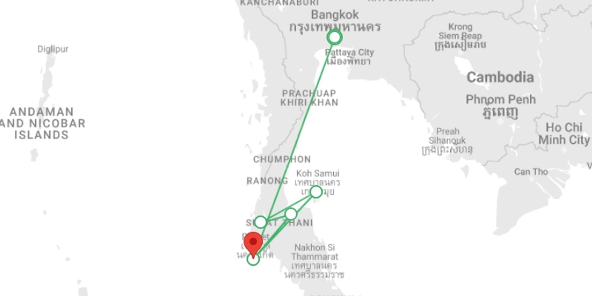A map showing the tour itinerary for the trip: Delve Deep: Southern Thailand, starting in Bangkok, Thailand and ending in Phuket, Thailand going through 5 other destinations.