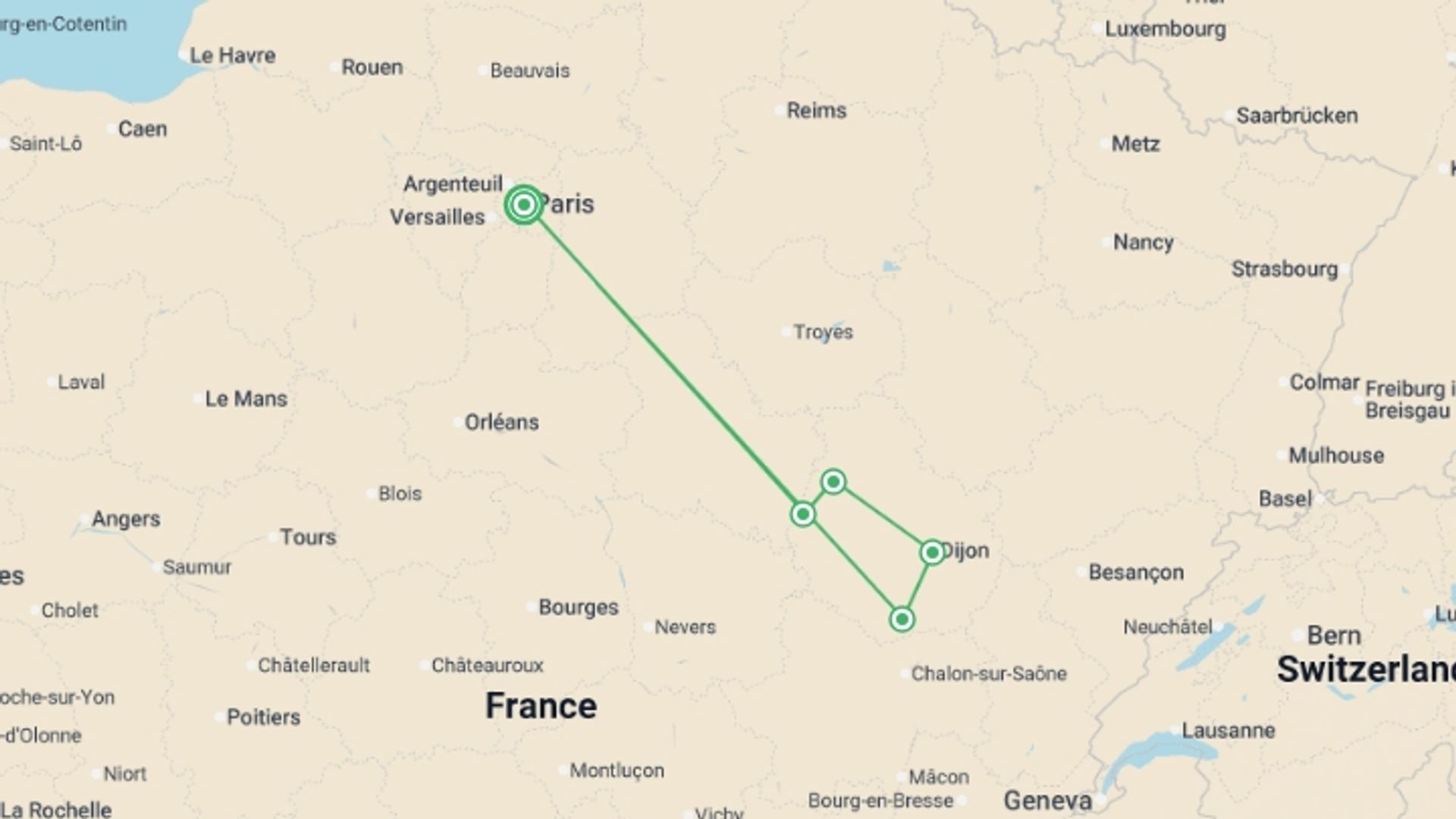 A map showing the tour itinerary for the trip: Wonders of Burgundy, starting in Paris, France and ending in Paris, France going through 1 other destinations.