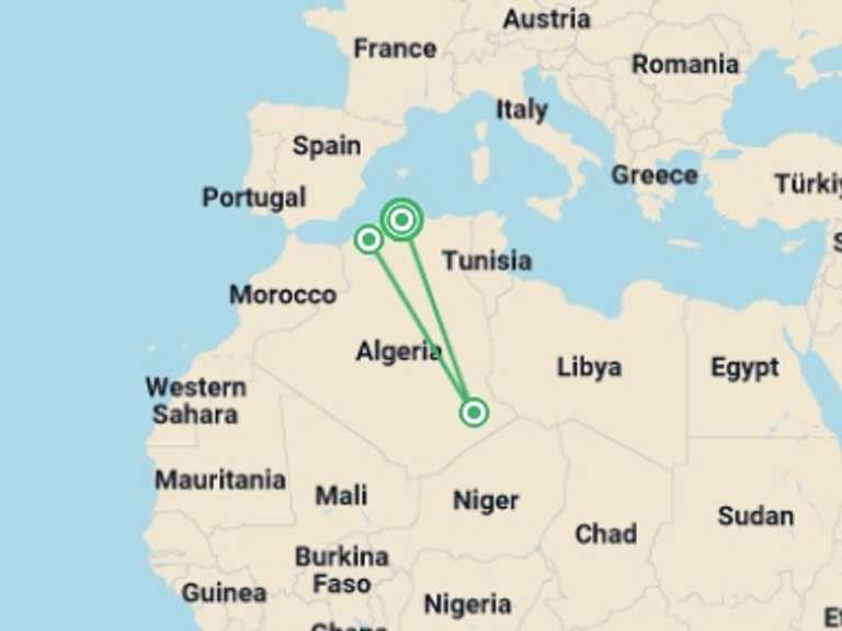 Map itinerary of Mediterranean Tour in March 2027 with 3 destination visits for the trip: Algeria’s Sahara Desert Adventure