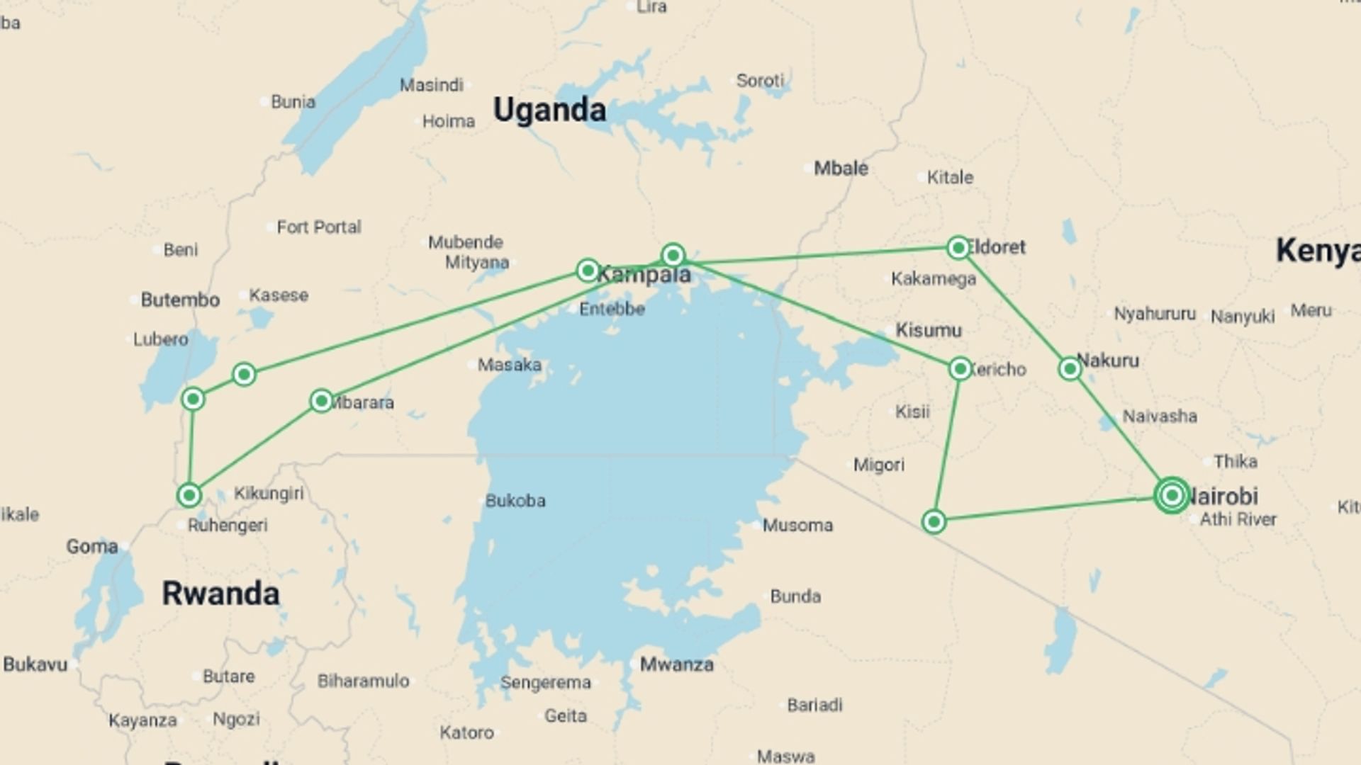 A map showing the tour itinerary for the trip: Gorillas & Game Parks, starting in Nairobi, Kenya and ending in Nairobi, Kenya going through 10 other destinations.