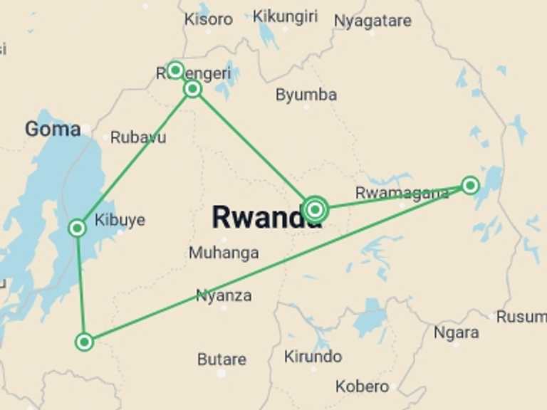 Map itinerary of Kigali Tour in December 2025 with 5 destination visits for the trip: Roaming Rwanda, Option B (on Request)