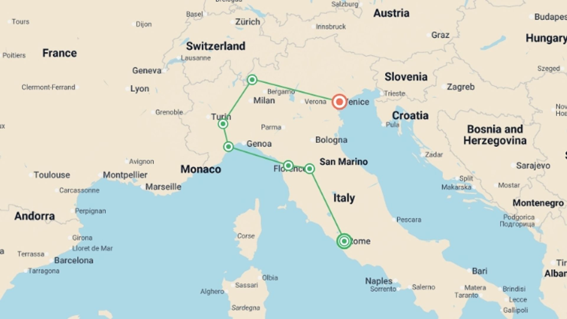 A map showing the tour itinerary for the trip: Best of Italy, starting in Rome, Italy and ending in Venice, Italy going through 5 other destinations.