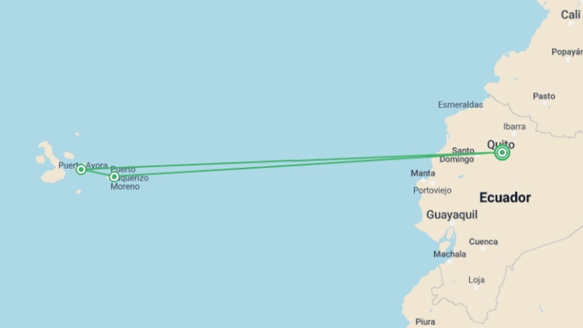 A map showing the tour itinerary for the trip: Family Land Galápagos — Multi-Activities, starting in Quito, Ecuador and ending in Quito, Ecuador going through 2 other destinations.