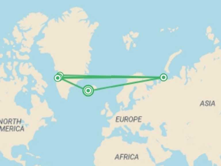 Map itinerary of Europe Tour in July 2026 with 4 destination visits for the trip: Greenland Express & Whale Watching - 5 days