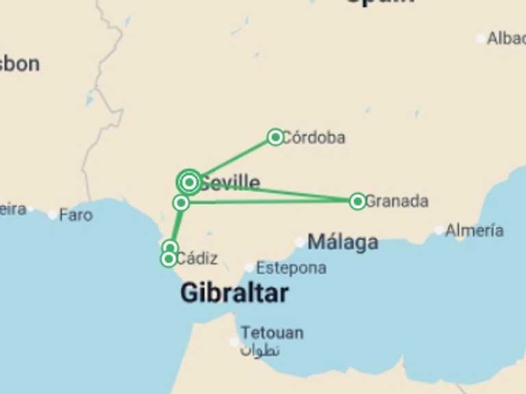 Map itinerary of Europe Tour in April 2027 with 4 destination visits for the trip: The Splendors of Andalusia Along the Guadalquivir Seville, Cordoba and Cadiz: the must-sees in an all-inclusive package (port-to-port cruise)