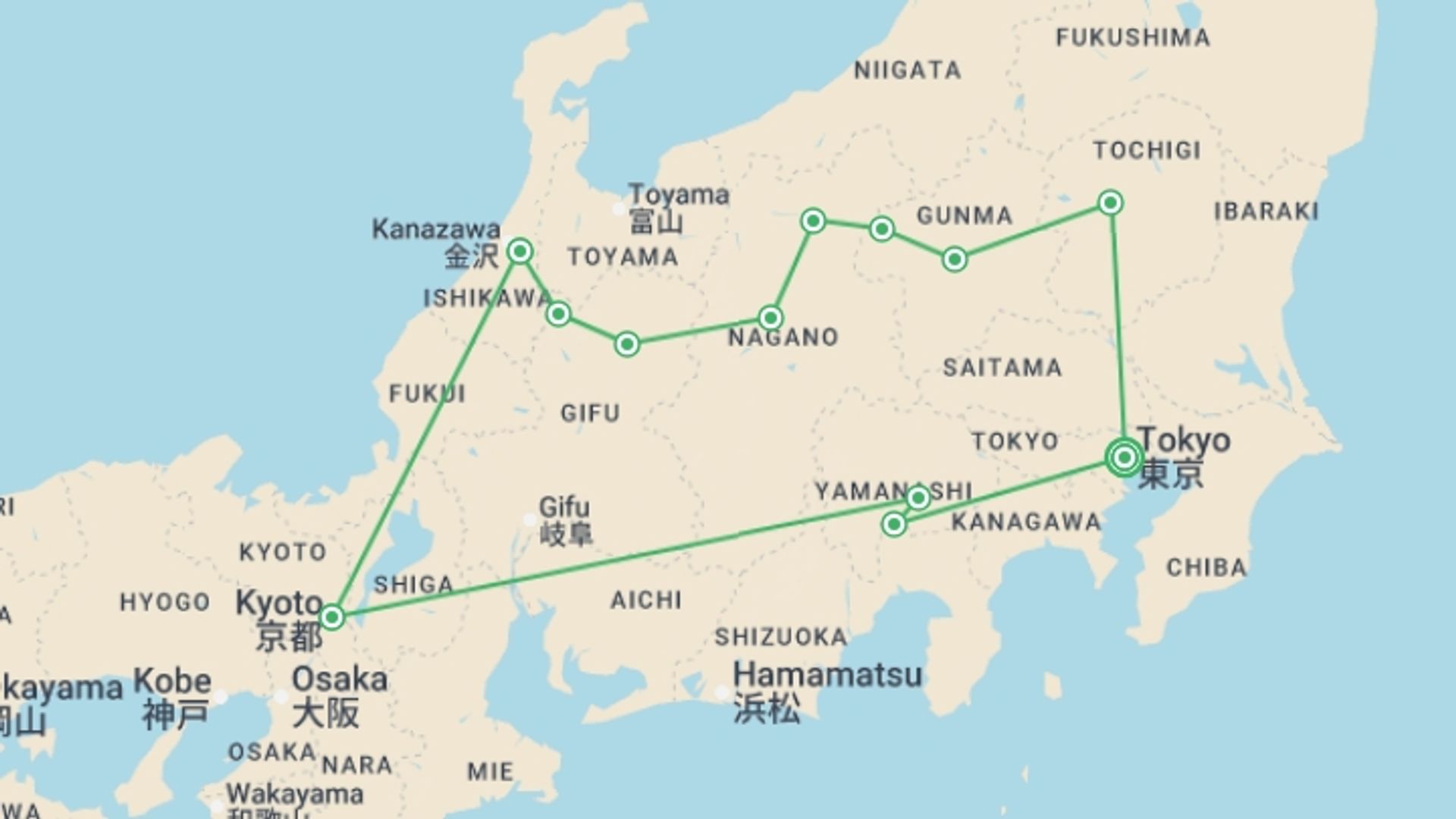 A map showing the tour itinerary for the trip: Discover Hidden Japan, starting in Tokyo, Japan and ending in Tokyo, Japan going through 6 other destinations.