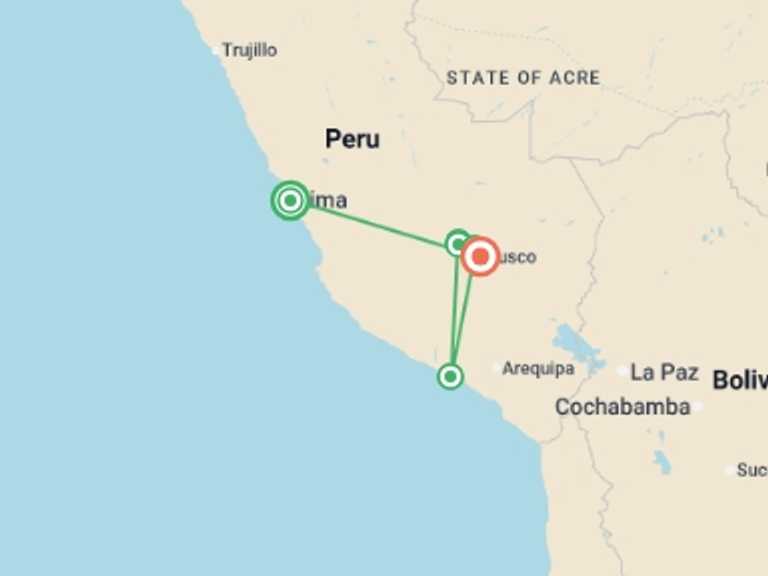 Map of South America Tour with 7 destination visits for the trip: Classic Inca Trail