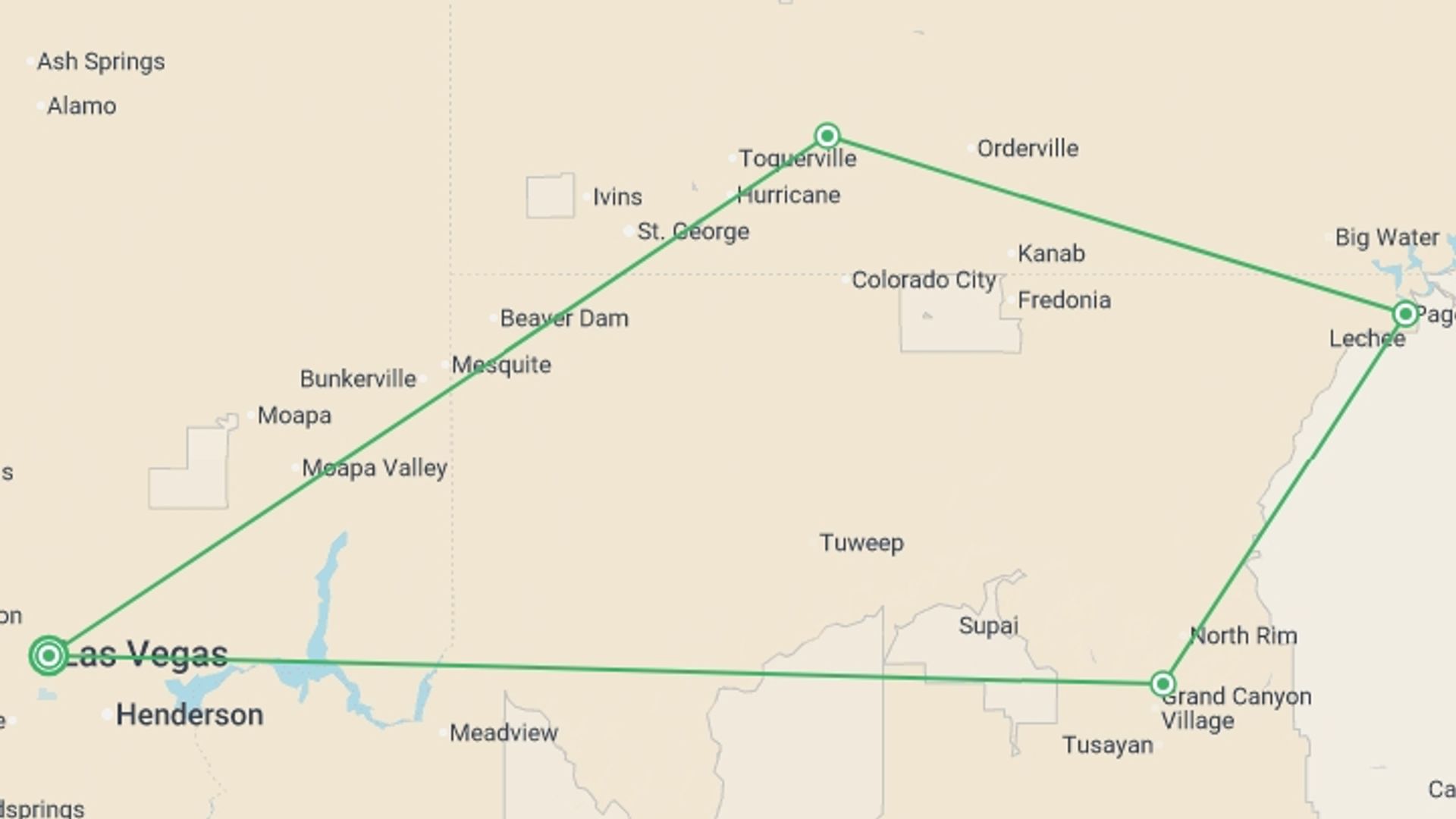 A map showing the tour itinerary for the trip: Western USA National Parks Loop, starting in Las Vegas, USA and ending in Las Vegas, USA going through 3 other destinations.