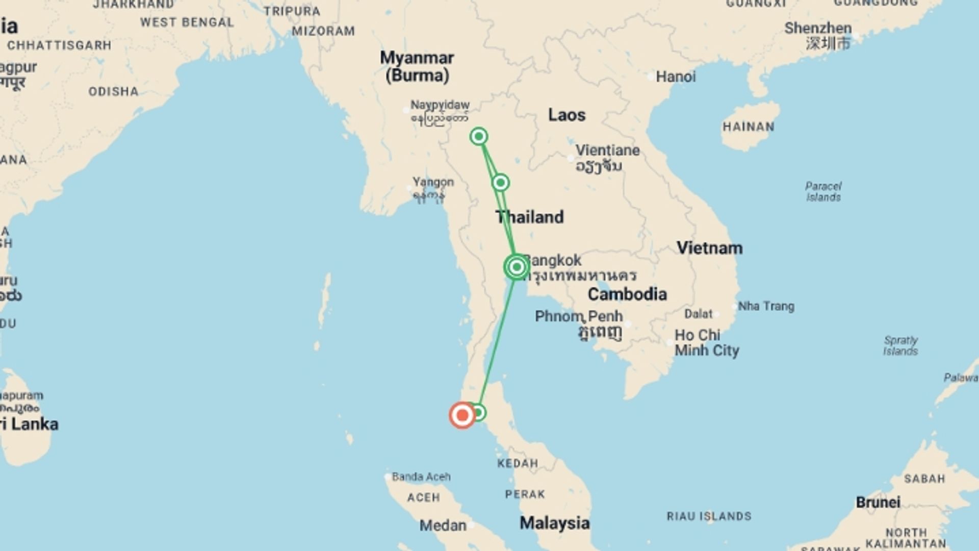 A map showing the tour itinerary for the trip: Classic Thailand West Coast (Nov - Apr), starting in Bangkok, Thailand and ending in Phuket, Thailand going through 4 other destinations.