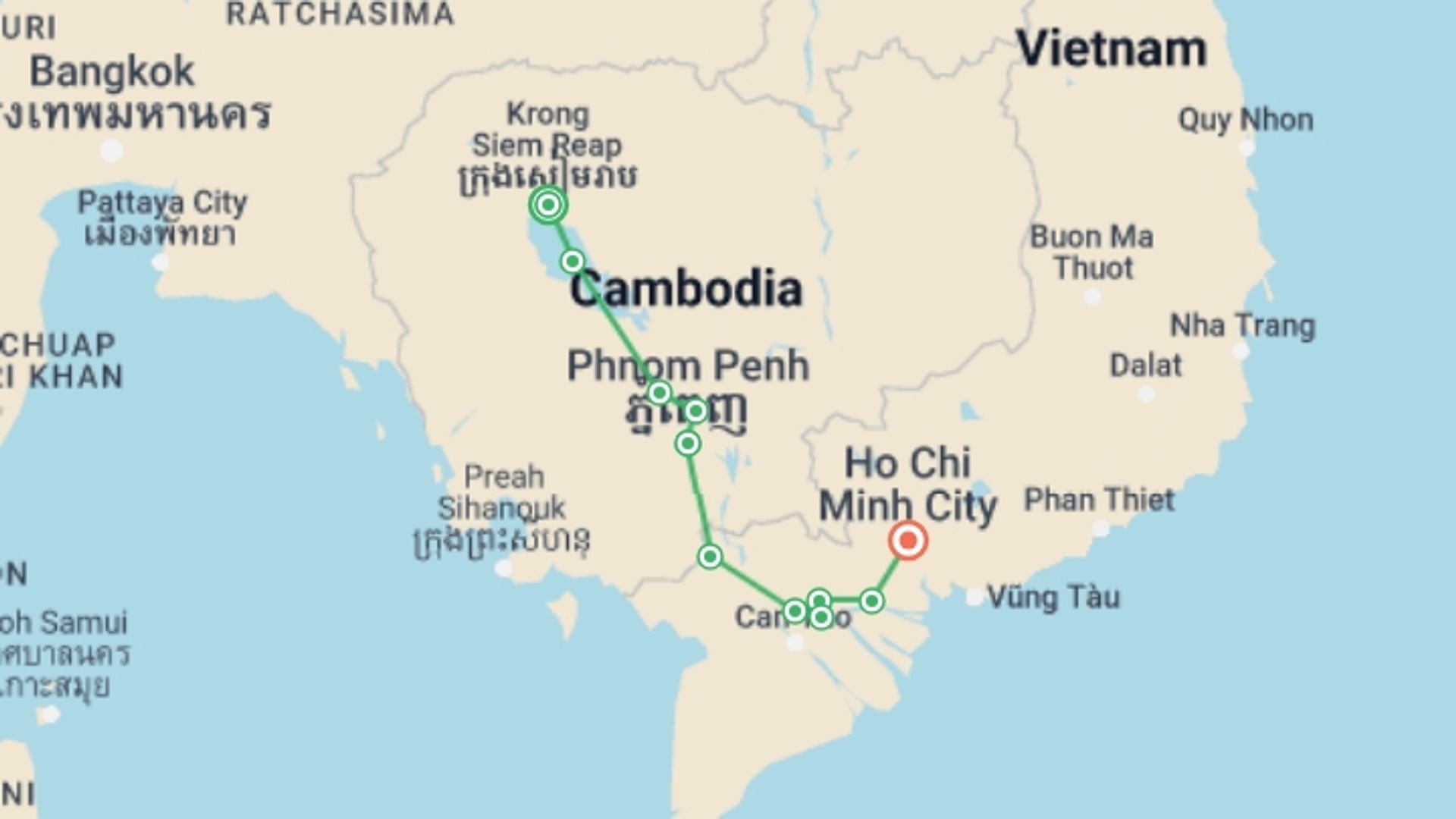 A map showing the tour itinerary for the trip: From Siem Reap to the Mekong Delta (port-to-port cruise), starting in Siem Reap, Cambodia and ending in Ho Chi Minh City, Vietnam going through 4 other destinations.