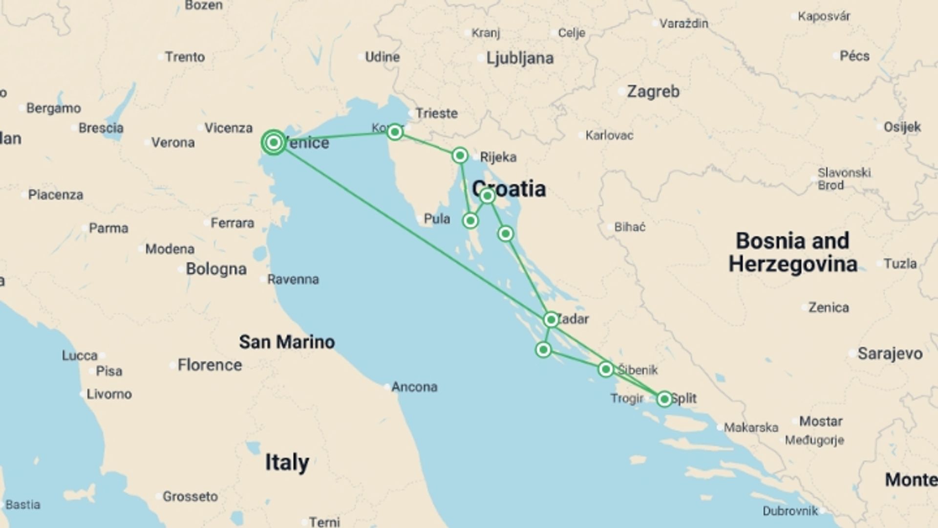 A map showing the tour itinerary for the trip: Venice and Croatian Islands Cruise , starting in Venice, Italy and ending in Venice, Italy going through 11 other destinations.