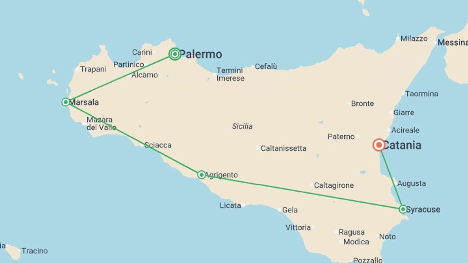 A map showing the tour itinerary for the trip: Premium Sicily, starting in undefined, Italy and ending in undefined, Italy going through 0 other destinations.