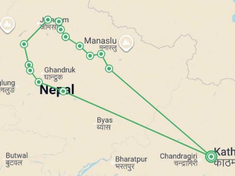 Map of Kathmandu Mountains Tour with 15 destination visits for the trip: Annapurna Circuit Trek