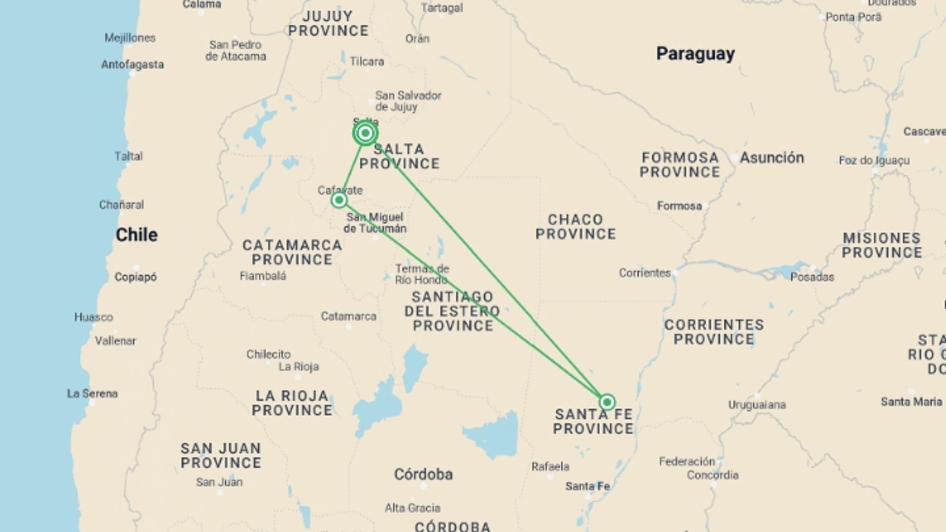 A map showing the tour itinerary for the trip: Ravines, Valleys & Folklore music, starting in Salta, Argentina and ending in Salta, Argentina going through 3 other destinations.