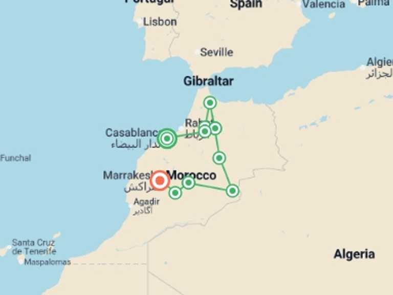 Map itinerary of Chefchaouen Tour in August 2027 with 9 destination visits for the trip: Morocco Uncovered