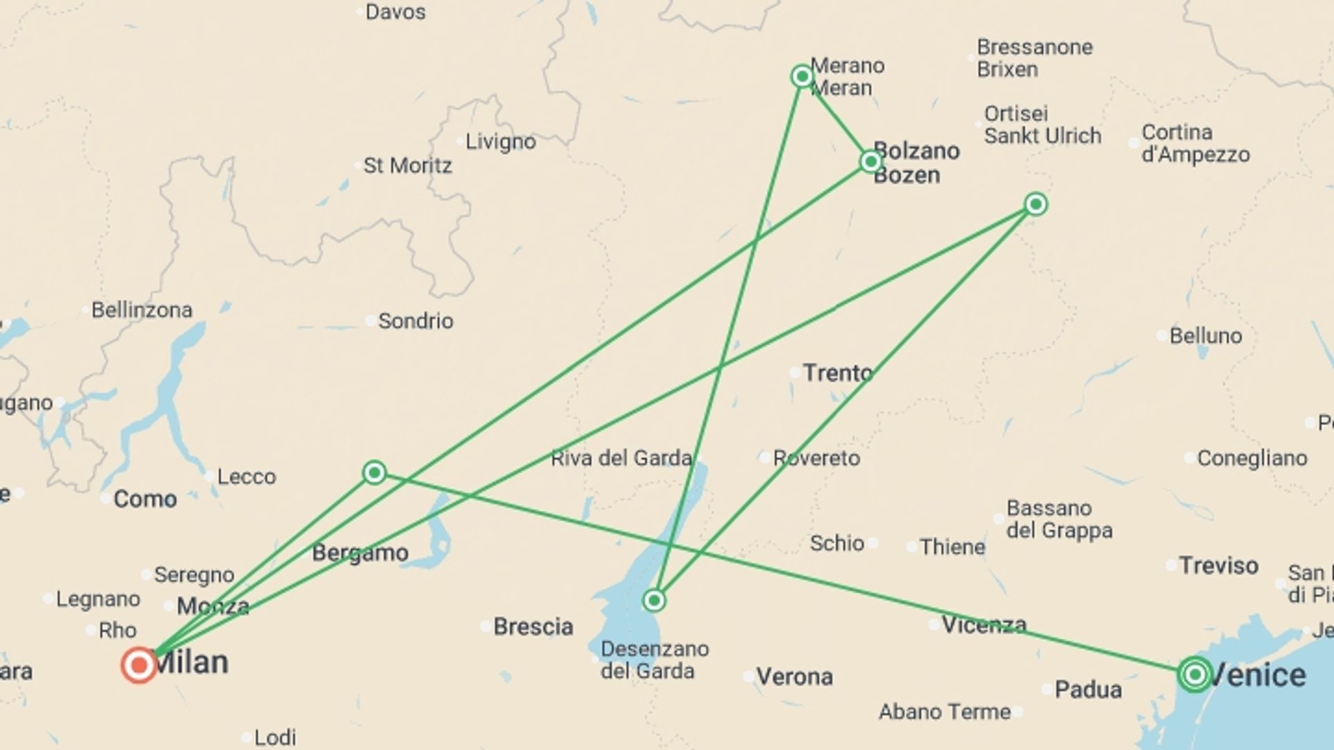 A map showing the tour itinerary for the trip: Northern Lakes & the Dolomites with Bernina Expres, starting in Venice, Italy and ending in Milan, Italy going through 5 other destinations.
