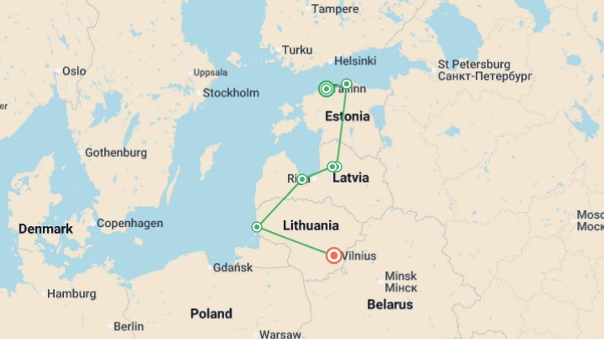 A map showing the tour itinerary for the trip: Walk Estonia, Latvia and Lithuania, starting in Tallinn, Estonia and ending in Vilnius, Lithuania going through 5 other destinations.