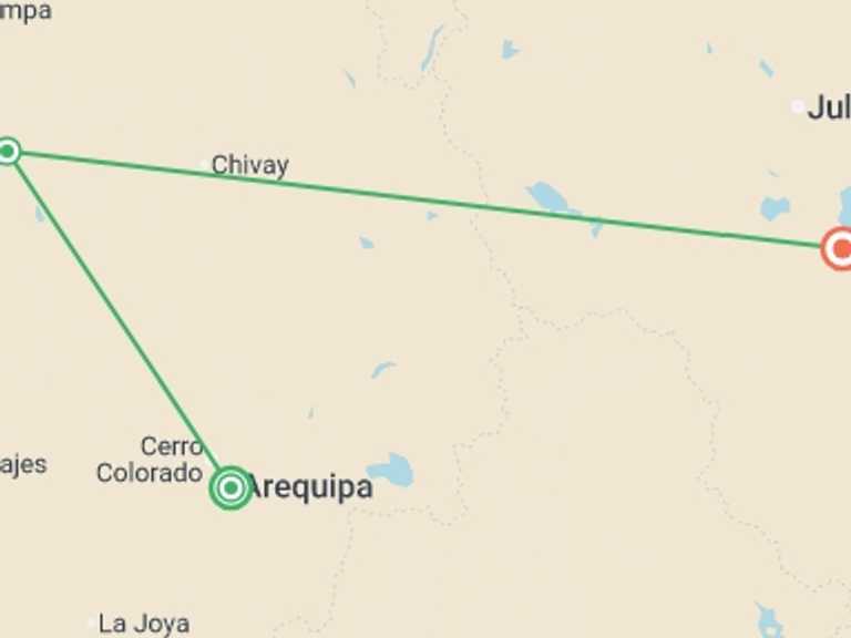 Map of Puno Tour with 3 destination visits for the trip: Colca Canyon Trekking 3D/2N & Transfer to Puno