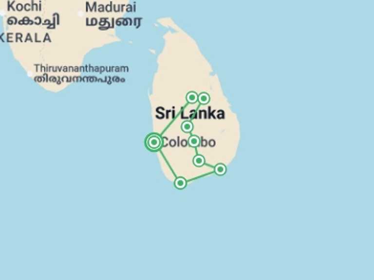 Map of Sri Lanka Tour with 8 destination visits for the trip: Wild About Sri Lanka - 10 days