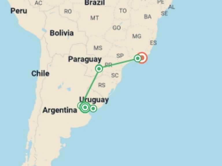Map of South America Tour with 8 destination visits for the trip: Buenos Aires to Rio