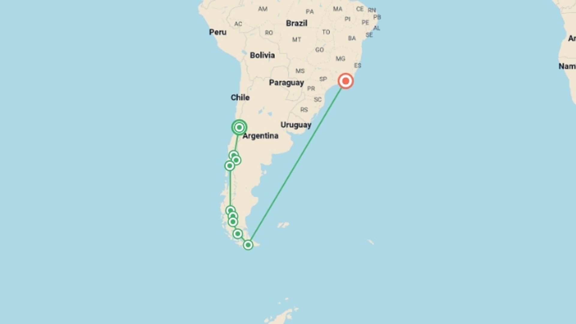A map showing the tour itinerary for the trip: Patagonia Overland: Santiago to Ushuaia with Rio Carnival, starting in Santiago, Chile and ending in Rio de Janeiro, Brazil going through 8 other destinations.