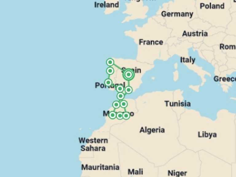 Map of Marrakech Walking Tour with 12 destination visits for the trip: Iberian best and Mysterious Morocco