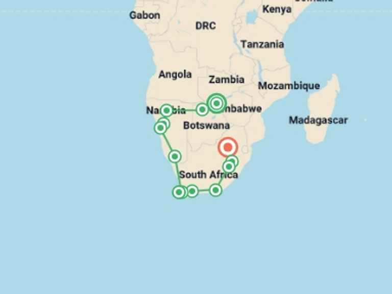 Map of a Overland Journeys Tour with 14 destination visits for the trip: Victoria Falls To Johannesburg (40 Days)