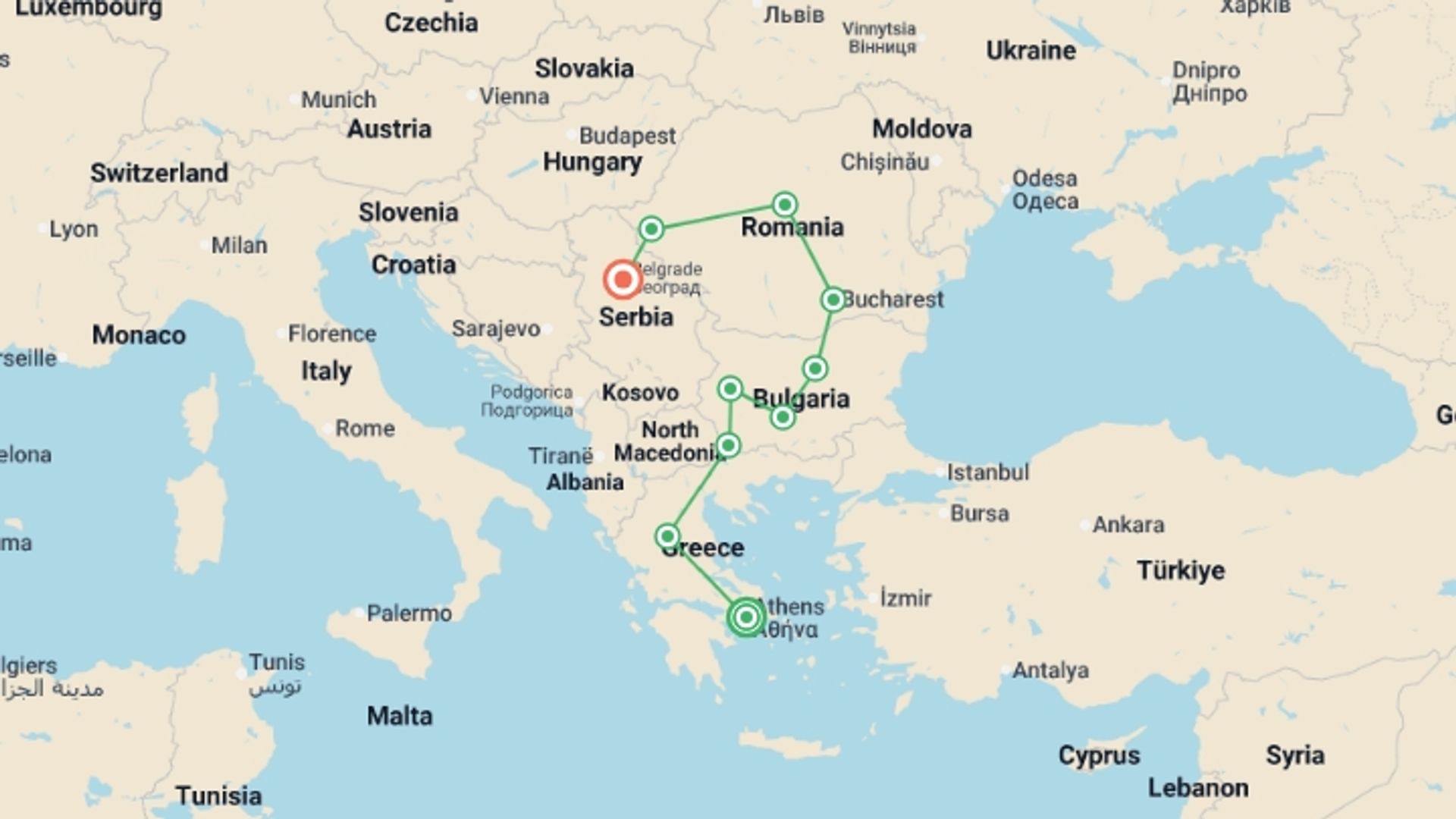 A map showing the tour itinerary for the trip: From Athens to Belgrade, starting in Athens, Greece and ending in Belgrade, Serbia going through 8 other destinations.