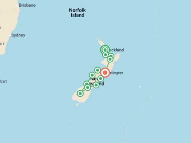 Map of New Zealand Tour with 12 destination visits for the trip: New Zealand: Wild Coasts & Alpine Climbs