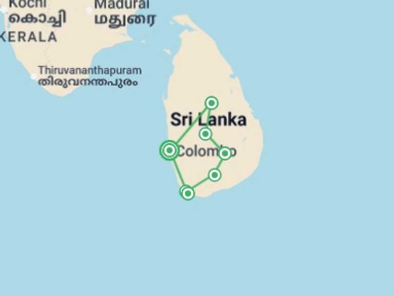 Map of a City sightseeing Tour with 7 destination visits for the trip: Pure Sri Lanka Reunion 35 to 45