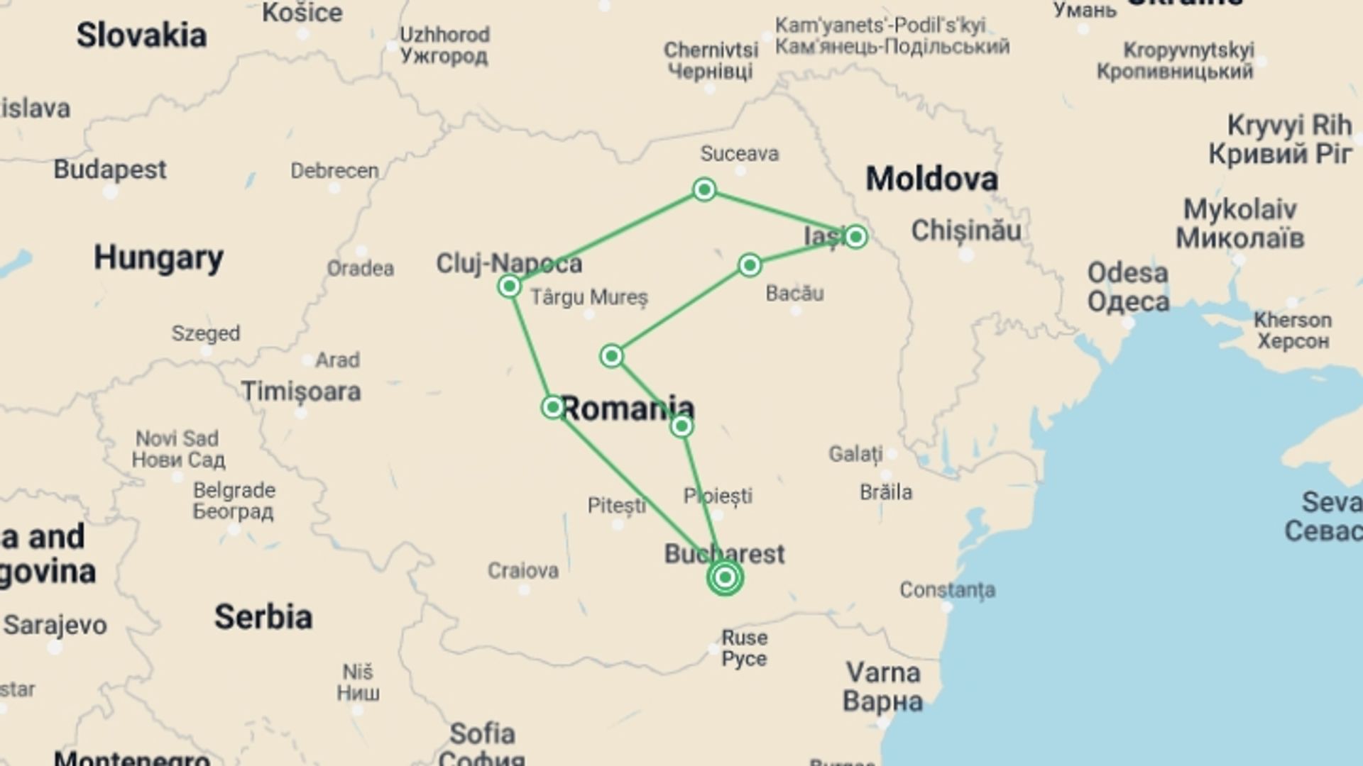 A map showing the tour itinerary for the trip: Best of Romania Tour in 10 days from Bucharest, starting in Bucharest, Romania and ending in Bucharest, Romania going through 8 other destinations.