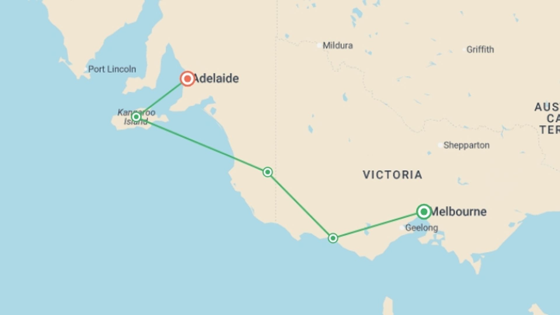 A map showing the tour itinerary for the trip: Great Ocean Road and Kangaroo Island Escape, starting in Melbourne, Australia and ending in Adelaide, Australia going through 3 other destinations.