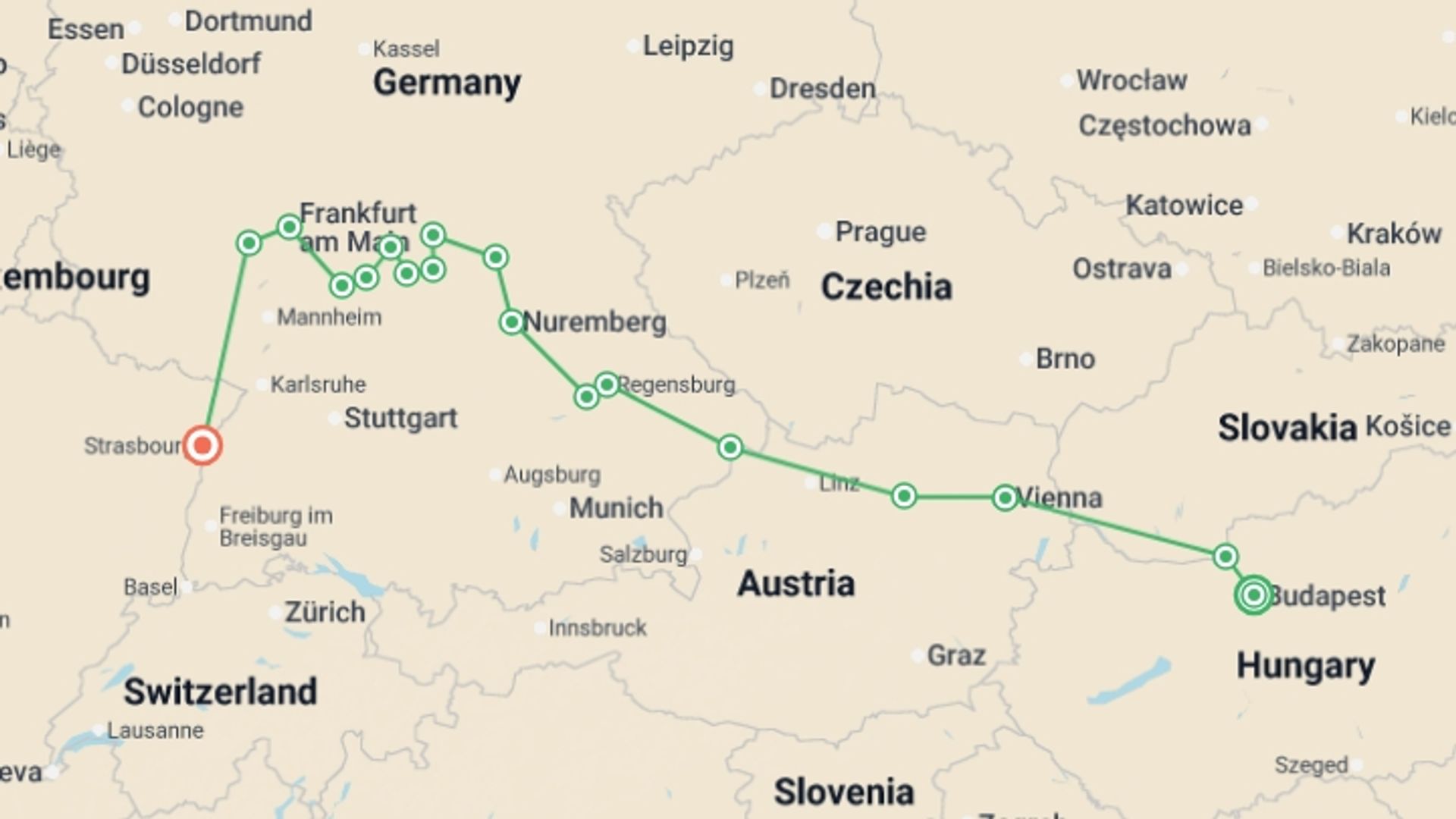 A map showing the tour itinerary for the trip: Trans-European cruise from Budapest to Strasbourg (port-to-port cruise), starting in Budapest, Hungary and ending in Strasbourg, France going through 10 other destinations.