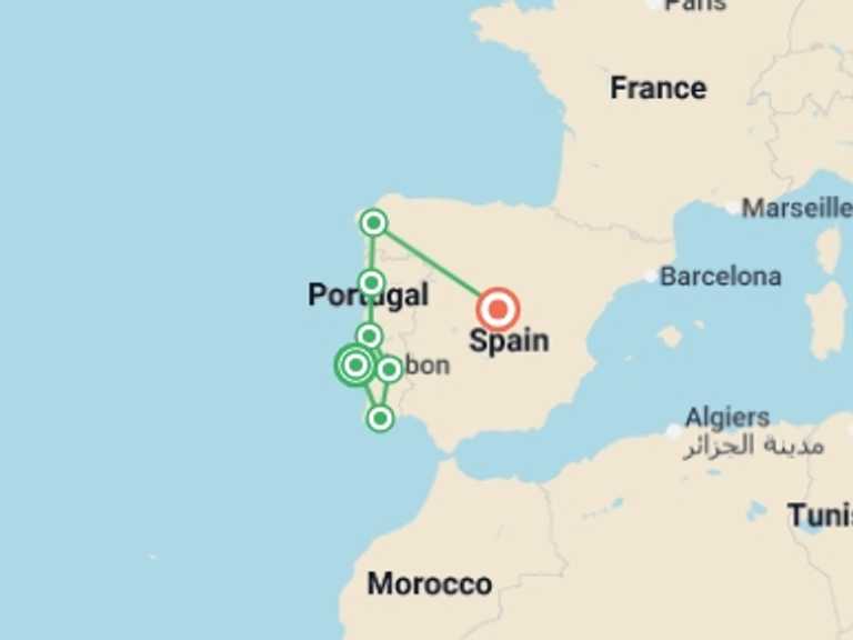 Map itinerary of Mediterranean Tour in Summer with 7 destination visits for the trip: All of Portugal and Galicia