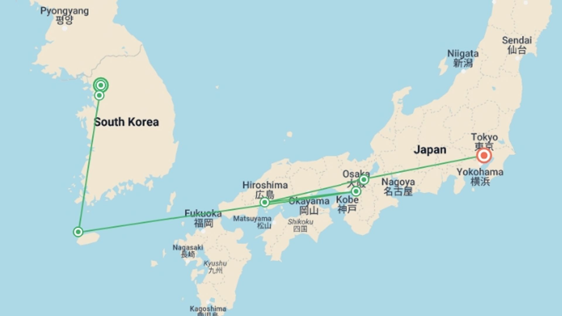 A map showing the tour itinerary for the trip: Japan & South Korea Cherry Blossom Small Group Tour, starting in Seoul, South Korea and ending in Fuji shi, Japan - South Korea going through 6 other destinations.