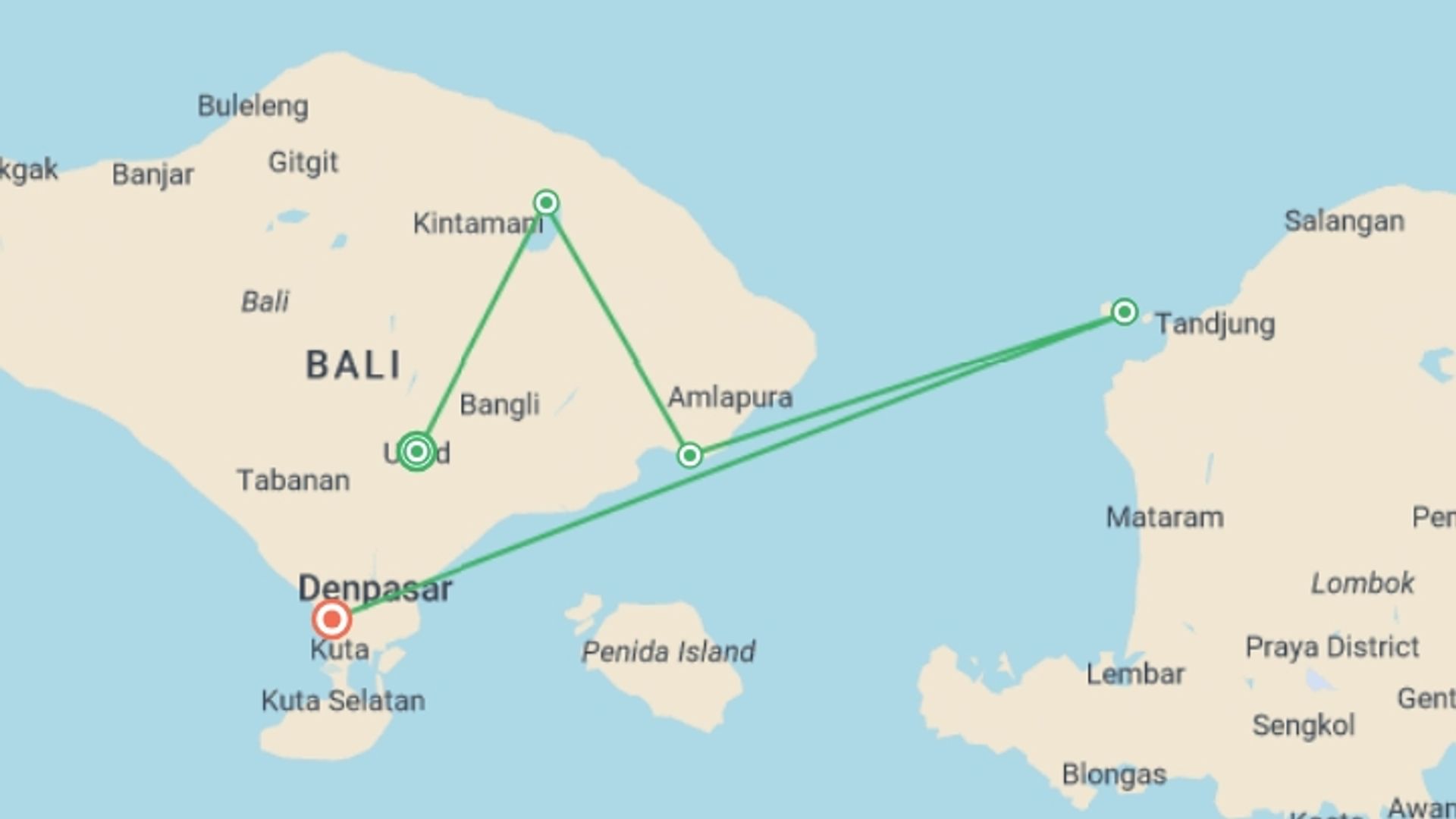 A map showing the tour itinerary for the trip: Essential Bali & Gili Islands, starting in Ubud, Indonesia and ending in Seminyak , Indonesia going through 4 other destinations.