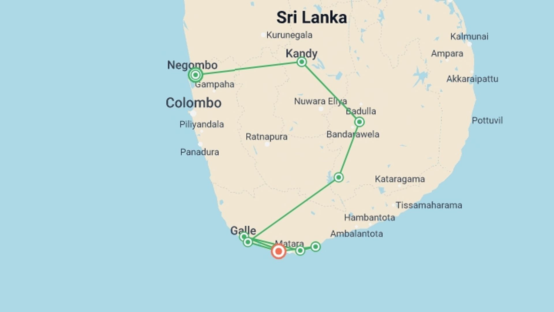 A map showing the tour itinerary for the trip: Sri Lanka Land & Sea, starting in Negombo, Sri Lanka and ending in Mirissa, Sri Lanka going through 8 other destinations.