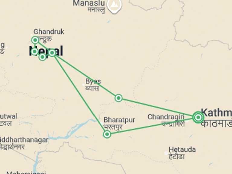 Map of Kathmandu Cultural, religious and historic sites Tour with 7 destination visits for the trip: Walking the Annapurna Foothills