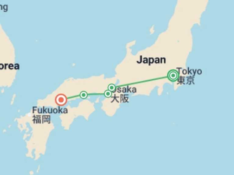 Map itinerary of Japan Tour in January 2027 with 5 destination visits for the trip: Tokyo, Kyoto and Hiroshima